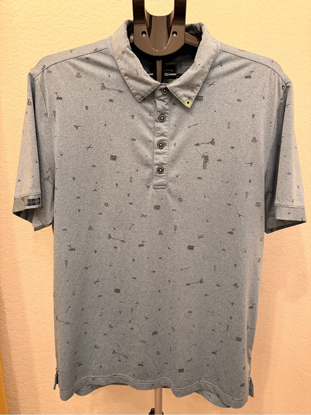 Willliam Murray Men's Heather Blue Polo Shirt with Subtle Print ~ Size Large